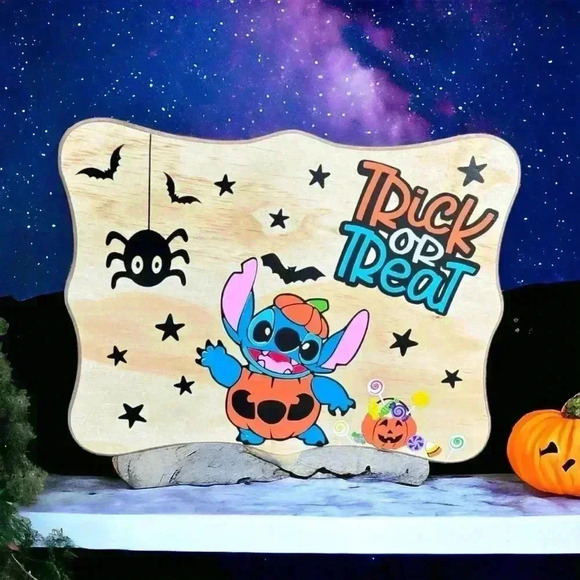 Handmade Wooden "Trick or Treat" Halloween Sign with Disney's Stitch 9" by 12". - Picture 2 of 2